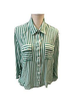 Green and White Striped Button-Down Shirt women’s large